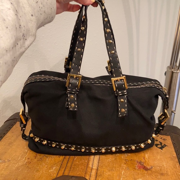 Fendi Handbags - Fendi Twill Canvas & Leather Trim Studded Selleria Handbag